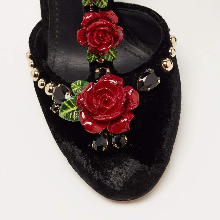 Pre Owned Dolce & Gabbana Black Velvet Rose Applique T-strap Pumps Size 37