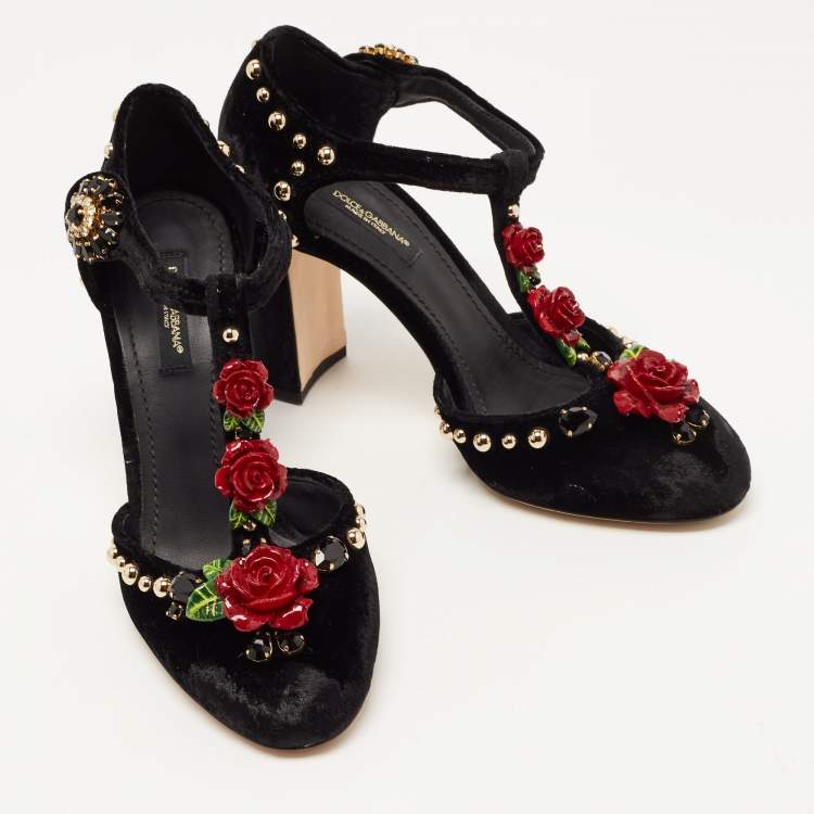 Pre Owned Dolce & Gabbana Black Velvet Rose Applique T-strap Pumps Size 37