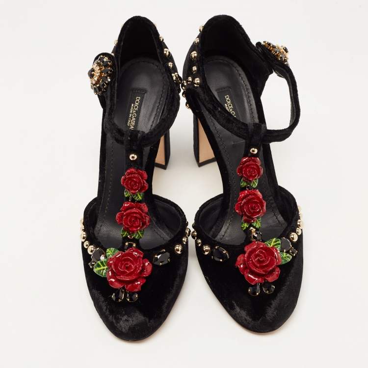 Pre Owned Dolce & Gabbana Black Velvet Rose Applique T-strap Pumps Size 37