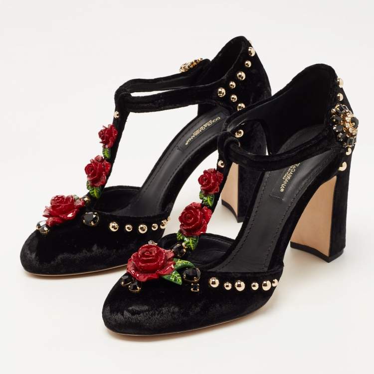 Pre Owned Dolce & Gabbana Black Velvet Rose Applique T-strap Pumps Size 37