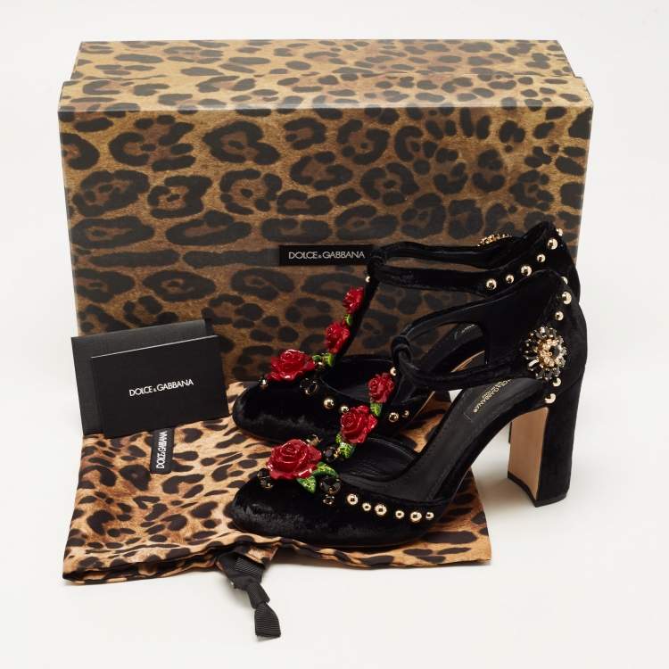 Pre Owned Dolce & Gabbana Black Velvet Rose Applique T-strap Pumps Size 37