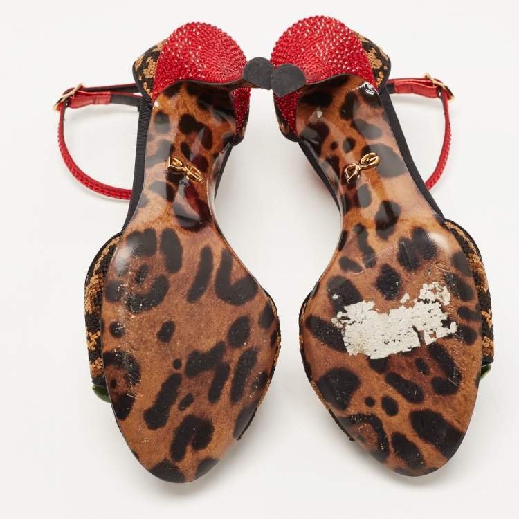 Pre Owned Dolce & Gabbana Beige/Black Leopard Print Canvas and Satin Rose Applique Ankle Strap Sandals Size 37