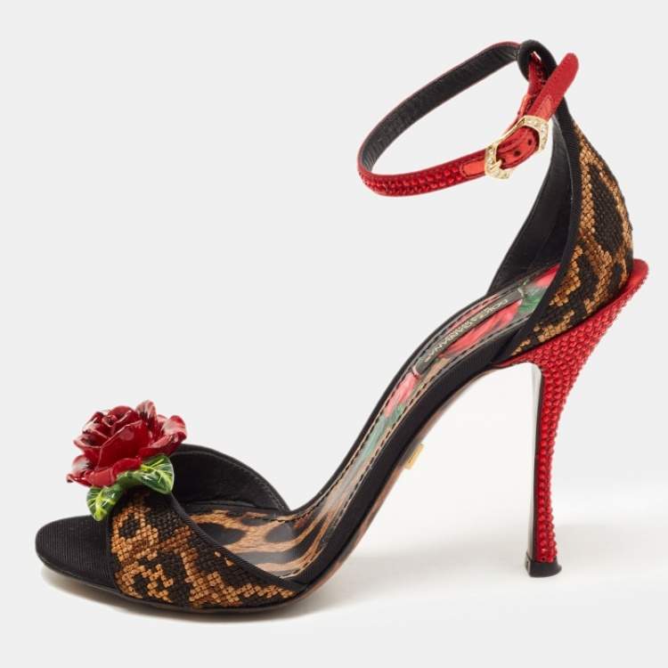 Pre Owned Dolce & Gabbana Beige/Black Leopard Print Canvas and Satin Rose Applique Ankle Strap Sandals Size 37