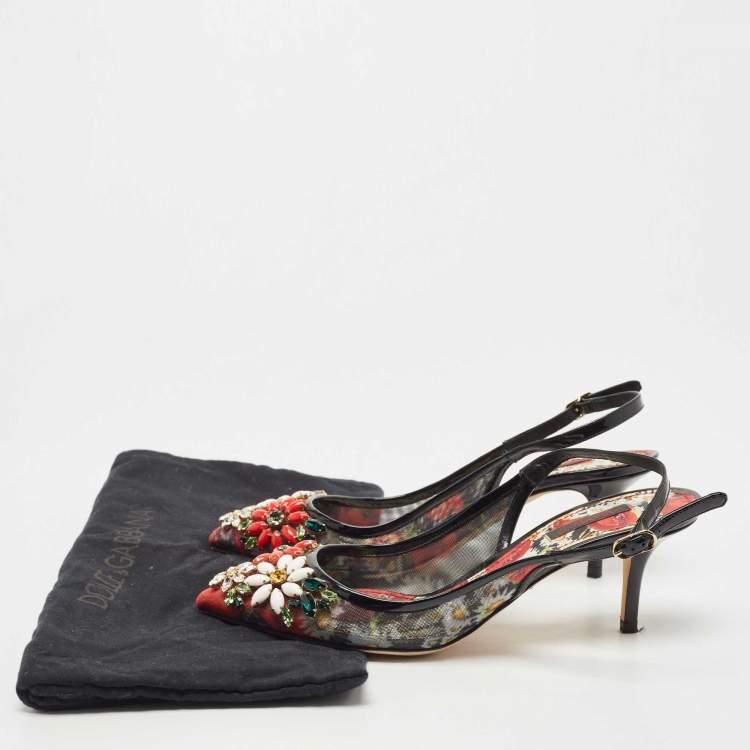 Pre Owned Dolce & Gabbana Black Patent Leather and Printed Mesh Flower Embellished Slingback Pumps Size 38.5