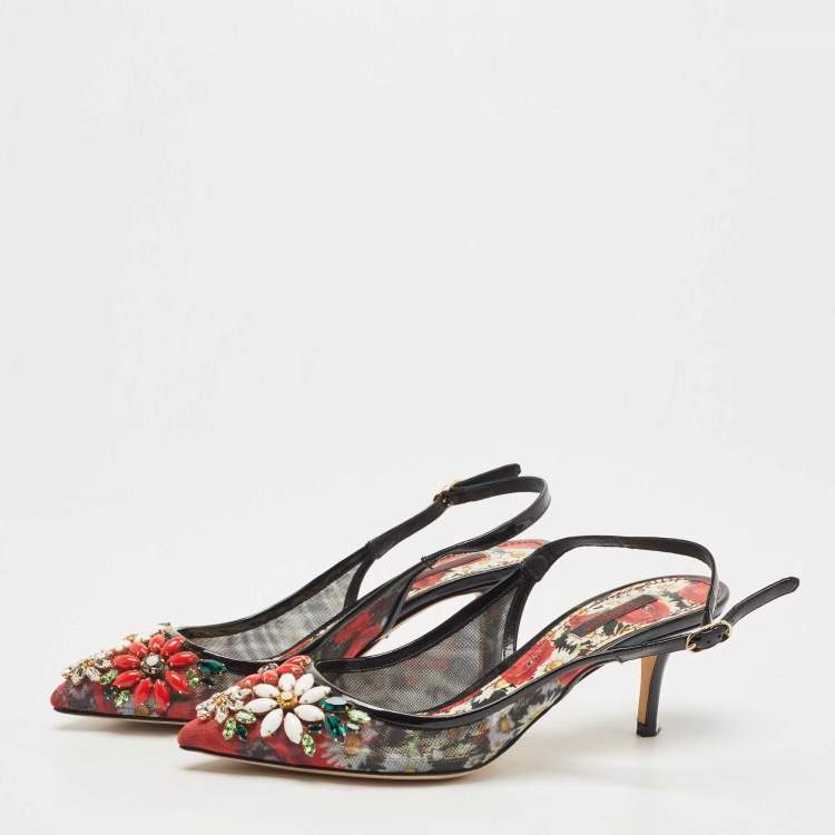 Pre Owned Dolce & Gabbana Black Patent Leather and Printed Mesh Flower Embellished Slingback Pumps Size 38.5