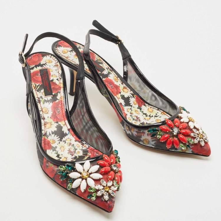 Pre Owned Dolce & Gabbana Black Patent Leather and Printed Mesh Flower Embellished Slingback Pumps Size 38.5