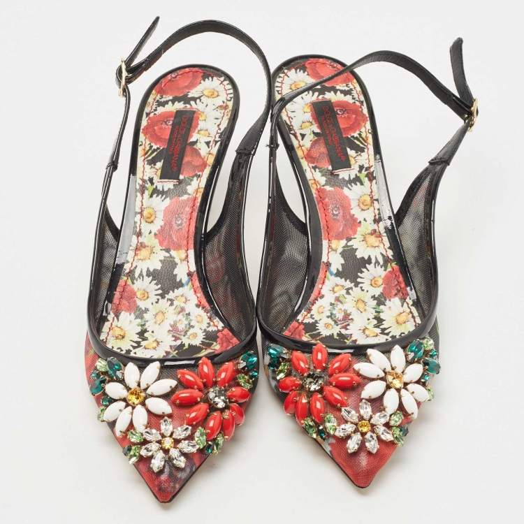 Pre Owned Dolce & Gabbana Black Patent Leather and Printed Mesh Flower Embellished Slingback Pumps Size 38.5