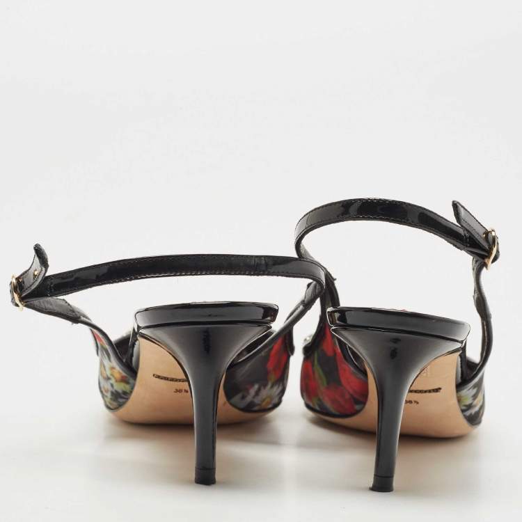 Pre Owned Dolce & Gabbana Black Patent Leather and Printed Mesh Flower Embellished Slingback Pumps Size 38.5