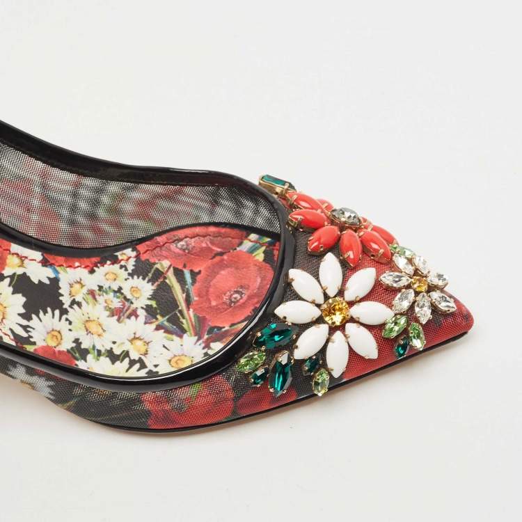 Pre Owned Dolce & Gabbana Black Patent Leather and Printed Mesh Flower Embellished Slingback Pumps Size 38.5