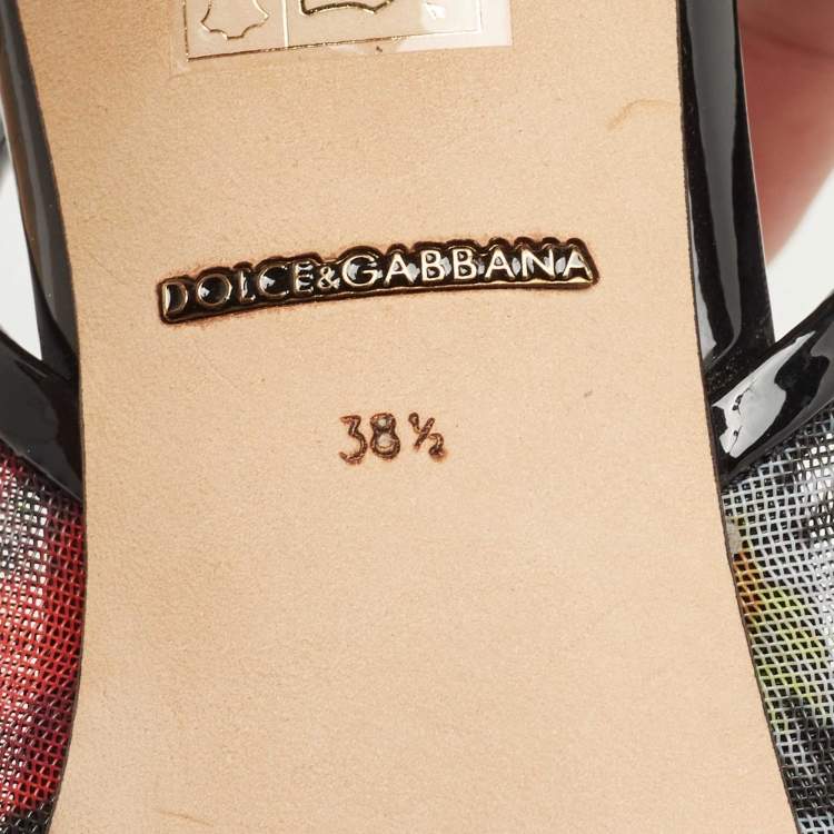 Pre Owned Dolce & Gabbana Black Patent Leather and Printed Mesh Flower Embellished Slingback Pumps Size 38.5