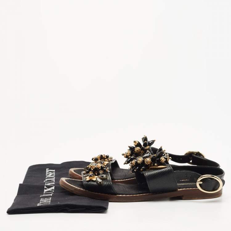 Pre Owned Dolce & Gabbana Black Lizard Leather Crystal Embellished Slingback Flat Sandals Size 38