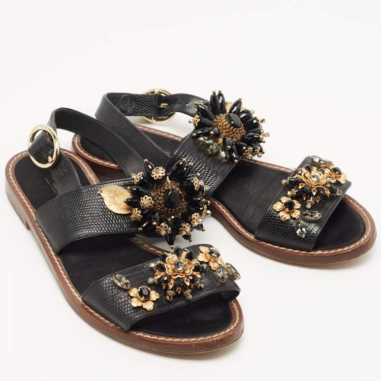 Pre Owned Dolce & Gabbana Black Lizard Leather Crystal Embellished Slingback Flat Sandals Size 38