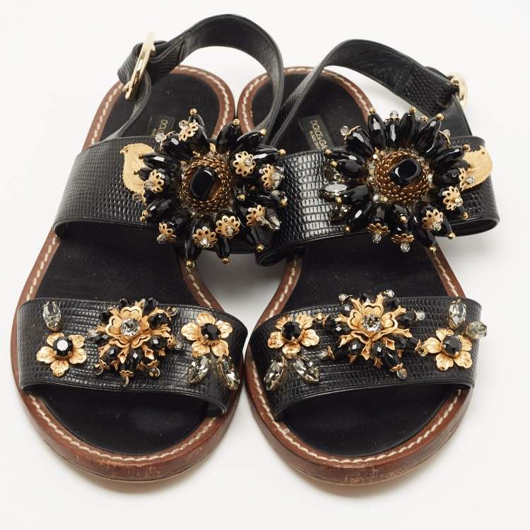 Pre Owned Dolce & Gabbana Black Lizard Leather Crystal Embellished Slingback Flat Sandals Size 38