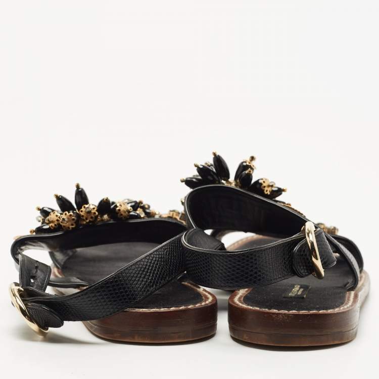 Pre Owned Dolce & Gabbana Black Lizard Leather Crystal Embellished Slingback Flat Sandals Size 38