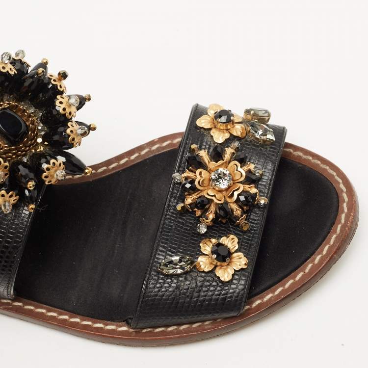 Pre Owned Dolce & Gabbana Black Lizard Leather Crystal Embellished Slingback Flat Sandals Size 38