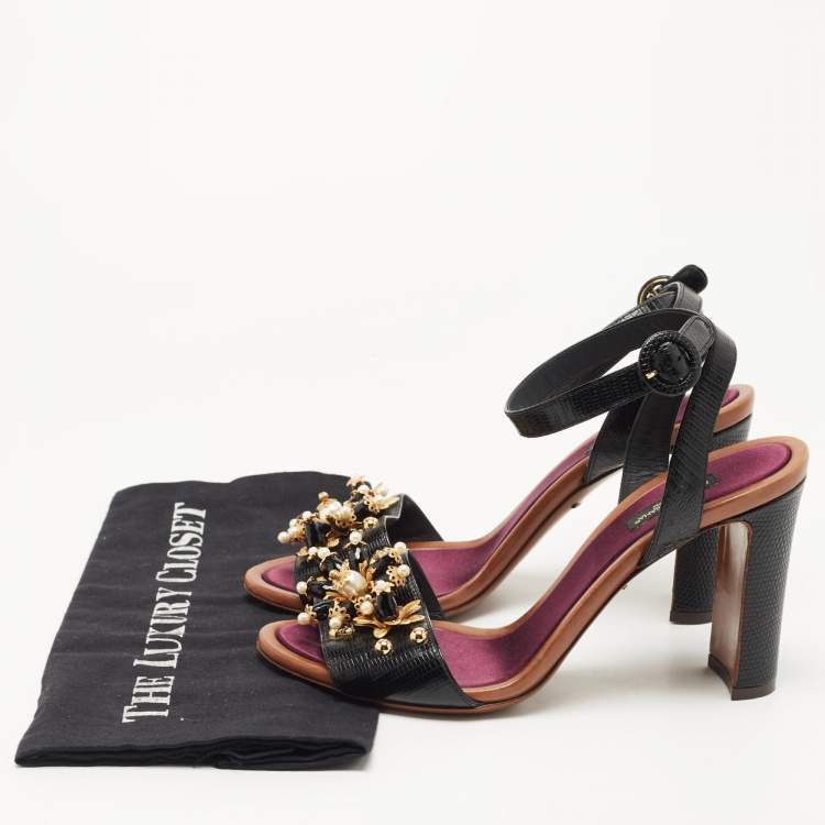 Pre Owned Dolce & Gabbana Black Lizard Embossed Leather Embellished Block Heel Ankle Strap Sandals Size 39.5