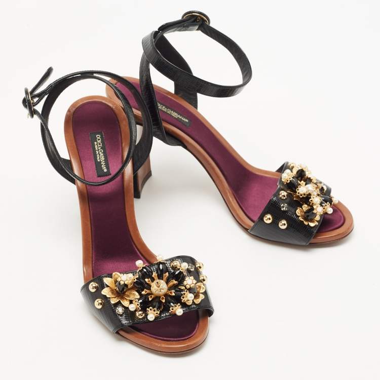 Pre Owned Dolce & Gabbana Black Lizard Embossed Leather Embellished Block Heel Ankle Strap Sandals Size 39.5