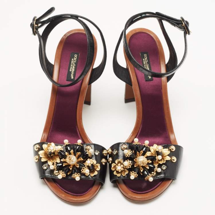 Pre Owned Dolce & Gabbana Black Lizard Embossed Leather Embellished Block Heel Ankle Strap Sandals Size 39.5