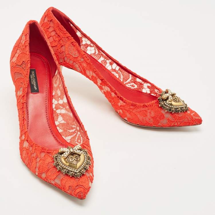 Pre Owned Dolce & Gabbana Red Lace Devotion Pumps Size 40.5