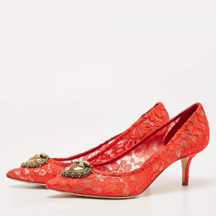 Pre Owned Dolce & Gabbana Red Lace Devotion Pumps Size 40.5