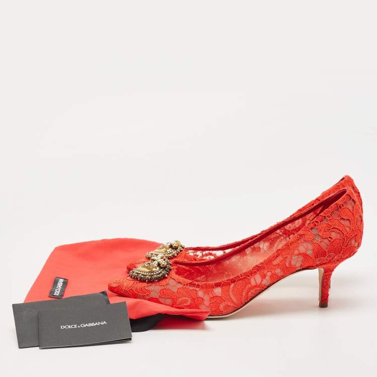 Pre Owned Dolce & Gabbana Red Lace Devotion Pumps Size 40.5