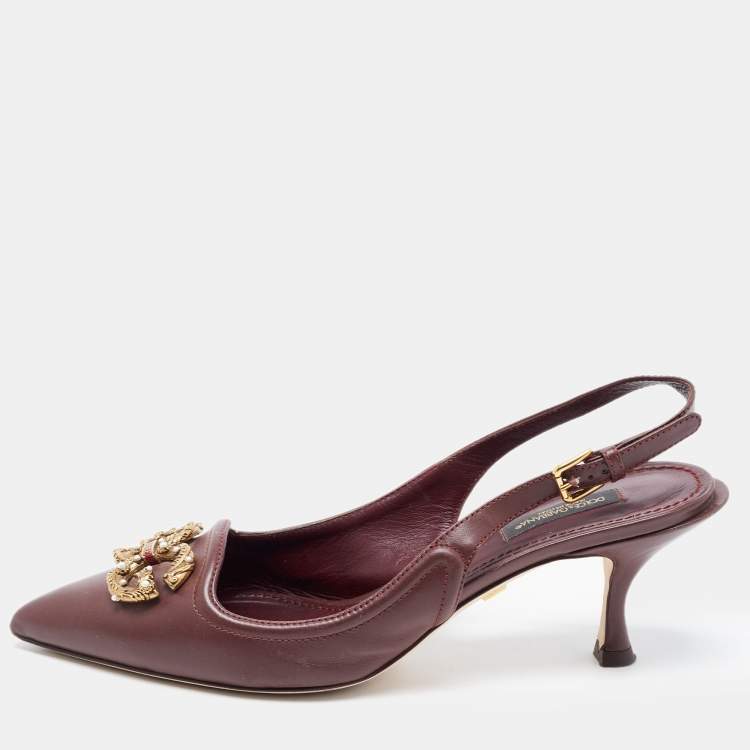 Pre Owned Dolce & Gabbana Burgundy Leather DG Amore Logo Embellished Slingback Sandals Size 38.5