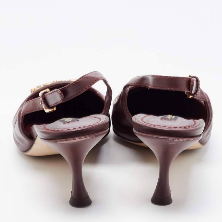 Pre Owned Dolce & Gabbana Burgundy Leather DG Amore Logo Embellished Slingback Sandals Size 38.5