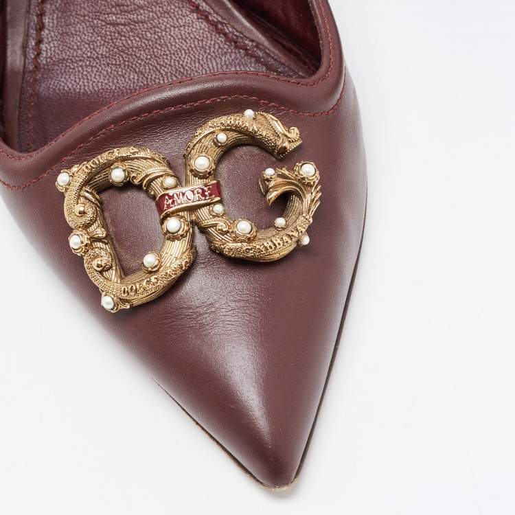 Pre Owned Dolce & Gabbana Burgundy Leather DG Amore Logo Embellished Slingback Sandals Size 38.5