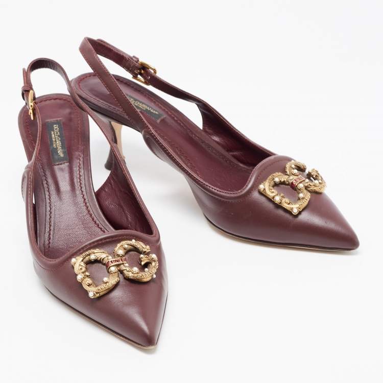 Pre Owned Dolce & Gabbana Burgundy Leather DG Amore Logo Embellished Slingback Sandals Size 38.5