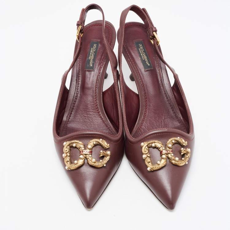 Pre Owned Dolce & Gabbana Burgundy Leather DG Amore Logo Embellished Slingback Sandals Size 38.5
