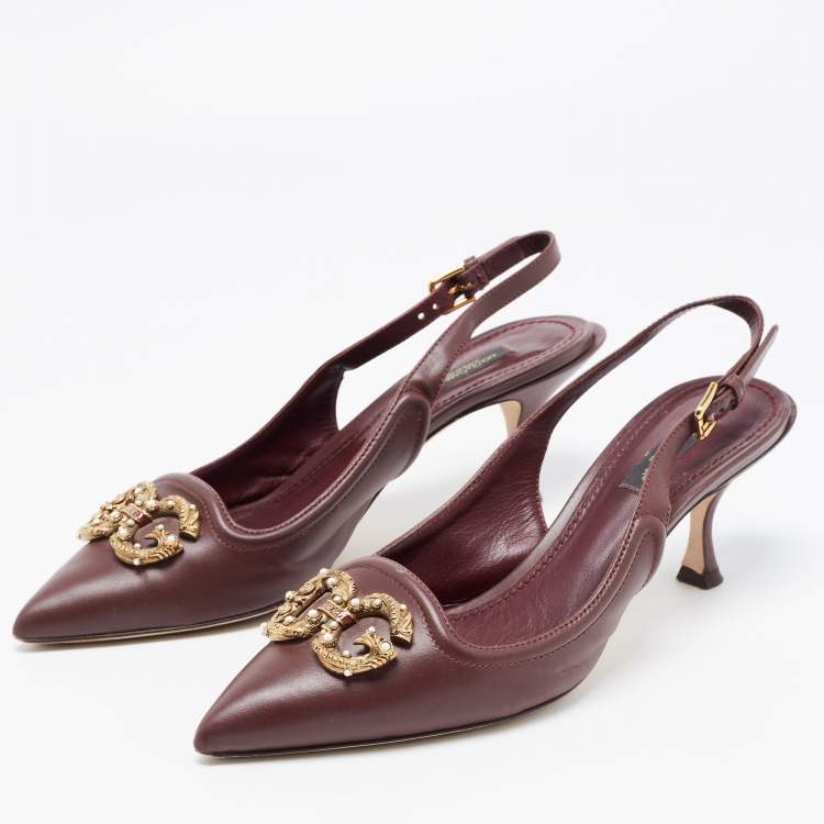 Pre Owned Dolce & Gabbana Burgundy Leather DG Amore Logo Embellished Slingback Sandals Size 38.5