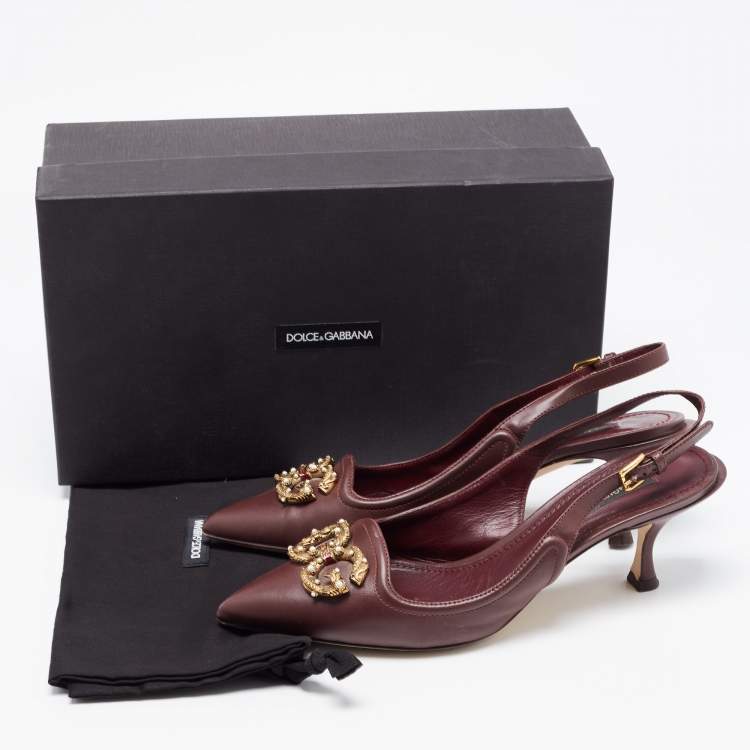 Pre Owned Dolce & Gabbana Burgundy Leather DG Amore Logo Embellished Slingback Sandals Size 38.5