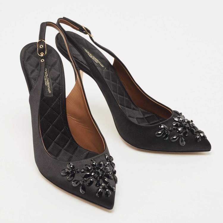 Pre Owned Dolce & Gabbana Black Satin Embellished Slingback Pumps Size 39