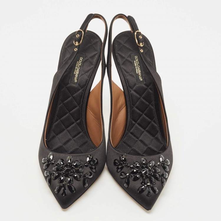 Pre Owned Dolce & Gabbana Black Satin Embellished Slingback Pumps Size 39