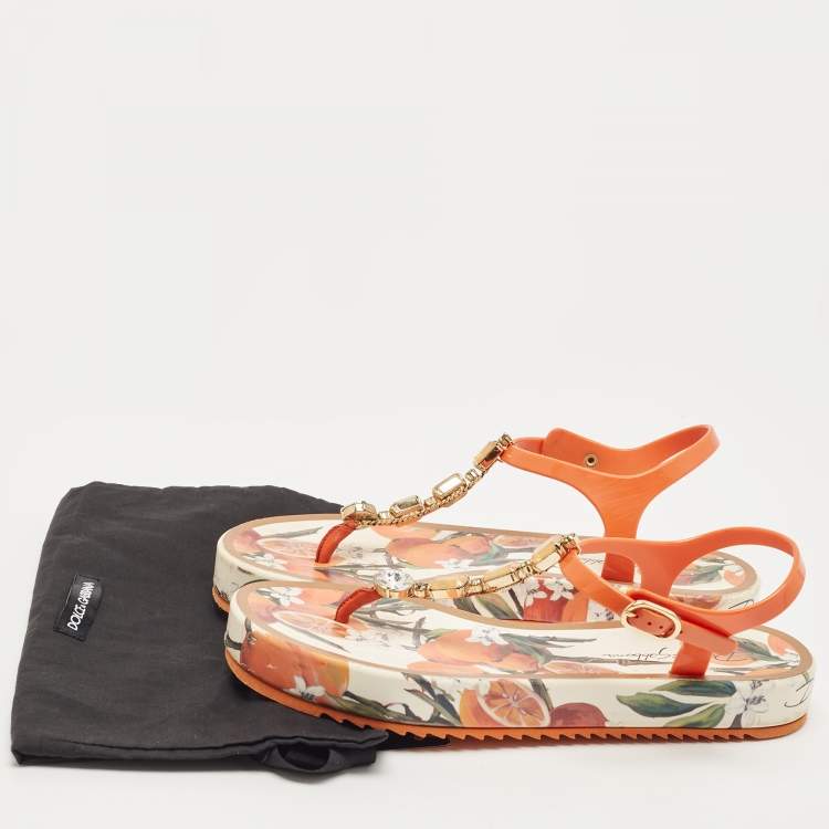 Pre Owned Dolce & Gabbana Orange Rubber Embellished Sandals Size 41