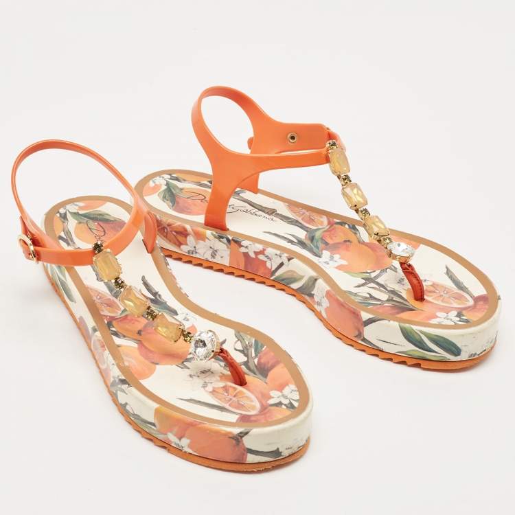 Pre Owned Dolce & Gabbana Orange Rubber Embellished Sandals Size 41