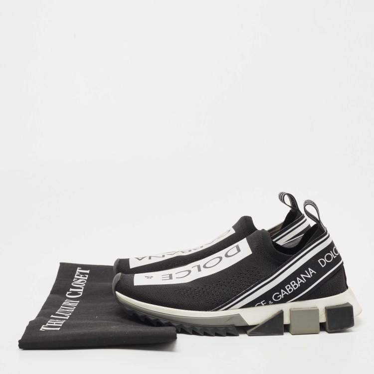 Pre Owned Dolce & Gabbana Black/White Logo Print Knit Fabric Sorrento Sneakers Size 38