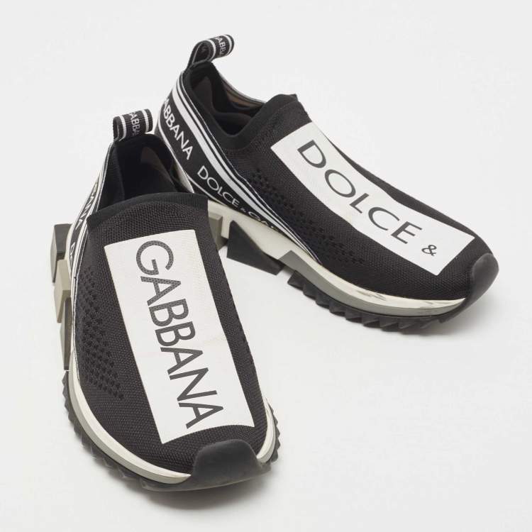 Pre Owned Dolce & Gabbana Black/White Logo Print Knit Fabric Sorrento Sneakers Size 38