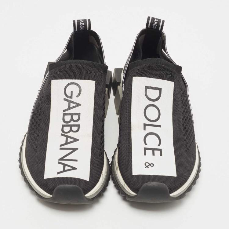 Pre Owned Dolce & Gabbana Black/White Logo Print Knit Fabric Sorrento Sneakers Size 38