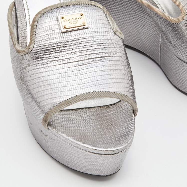Pre Owned Dolce & Gabbana Silver Embossed Lizard Leather Peep Toe Mules Size 37