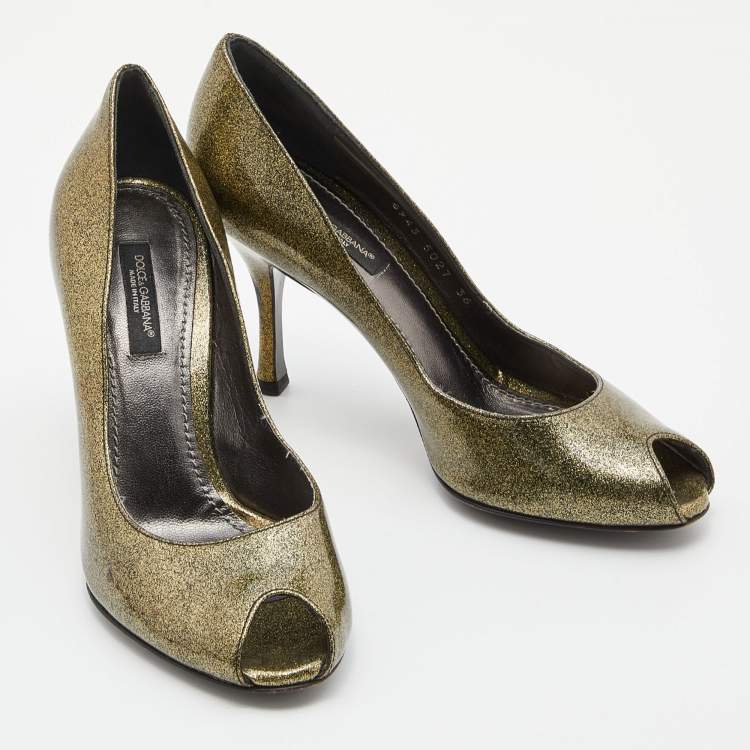 Pre Owned Dolce & Gabbana Olive Green Patent Leather Peep Toe Pumps Size 36