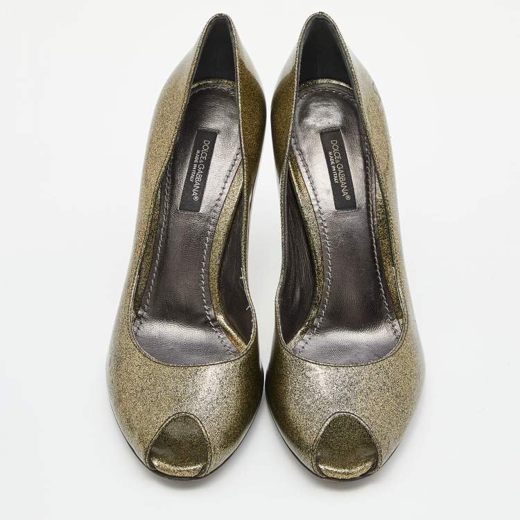 Pre Owned Dolce & Gabbana Olive Green Patent Leather Peep Toe Pumps Size 36
