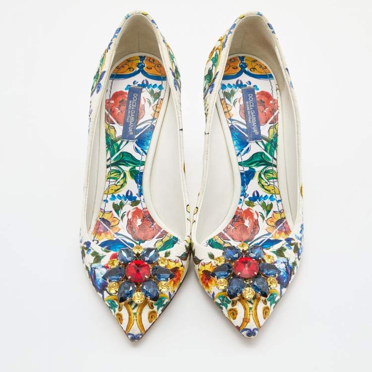 Pre Owned Dolce & Gabbana Multicolor Floral Fabric Crystal Embellished Bellucci Pumps Size 38