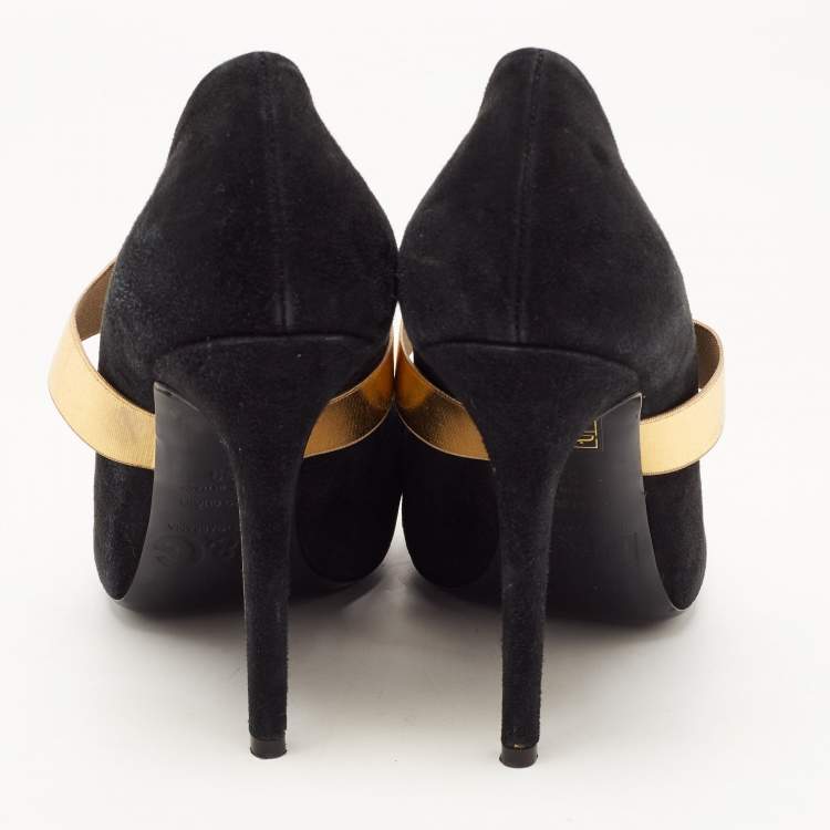 Pre Owned Dolce & Gabbana Black/Gold Suede and Elastic Band Mary Jane Peep Toe Pumps Size 39