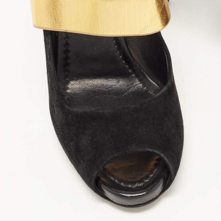 Pre Owned Dolce & Gabbana Black/Gold Suede and Elastic Band Mary Jane Peep Toe Pumps Size 39