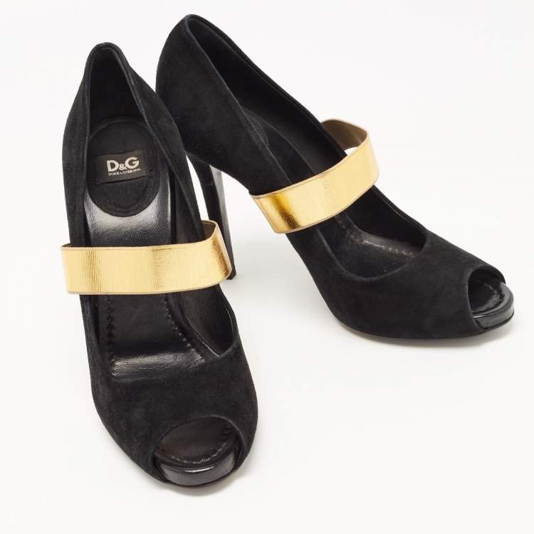 Pre Owned Dolce & Gabbana Black/Gold Suede and Elastic Band Mary Jane Peep Toe Pumps Size 39