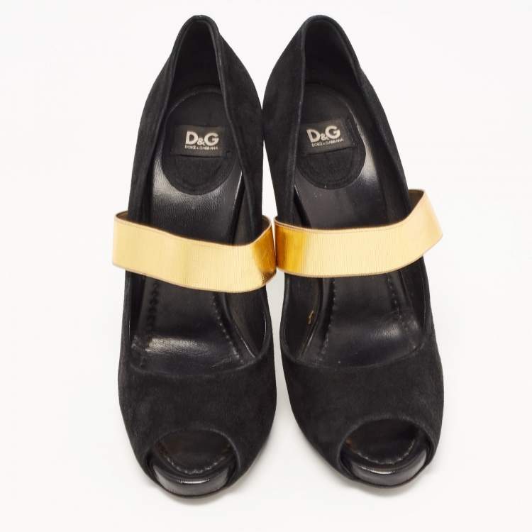 Pre Owned Dolce & Gabbana Black/Gold Suede and Elastic Band Mary Jane Peep Toe Pumps Size 39