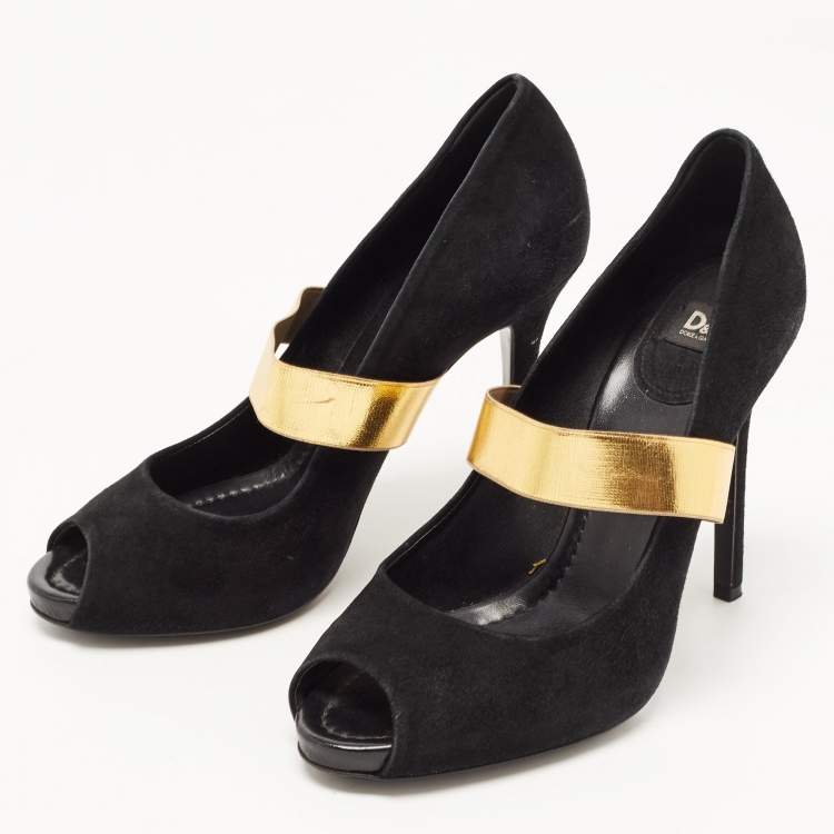 Pre Owned Dolce & Gabbana Black/Gold Suede and Elastic Band Mary Jane Peep Toe Pumps Size 39