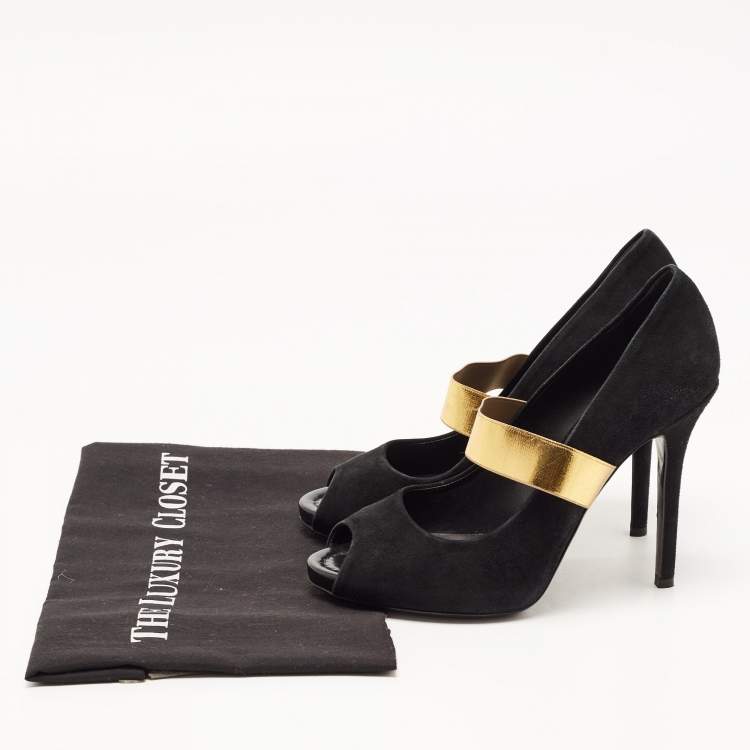 Pre Owned Dolce & Gabbana Black/Gold Suede and Elastic Band Mary Jane Peep Toe Pumps Size 39