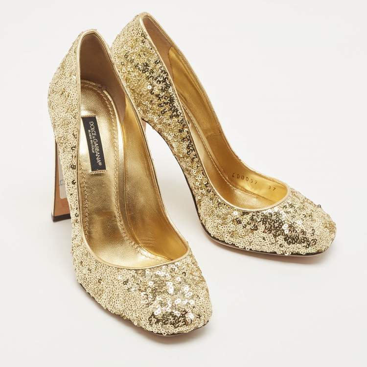 مملوكة مسبقًا Dolce & Gabbana Gold Sequin Block Heels Pumps Size 37